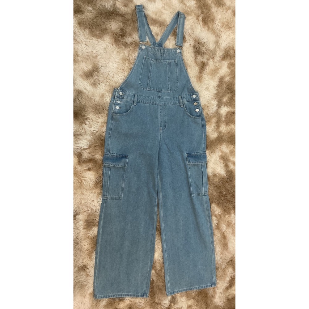 Flvsun Womens Light Wash Denim Cargo Overalls Wide Leg Baggy Jeans XL A307261